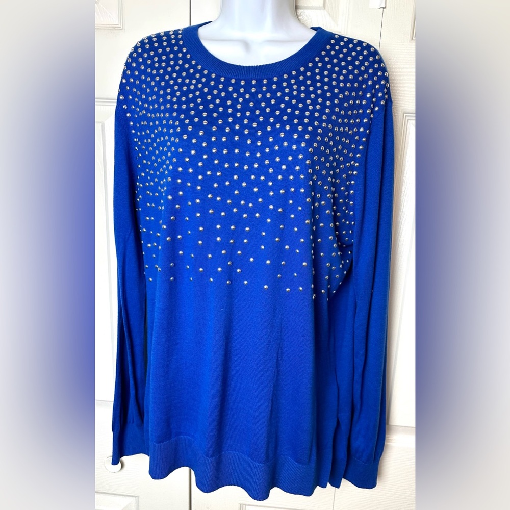 New MICHAEL KORS Studded Sweater Amalfi Royal Blue Silver Pullover Crewneck Knit